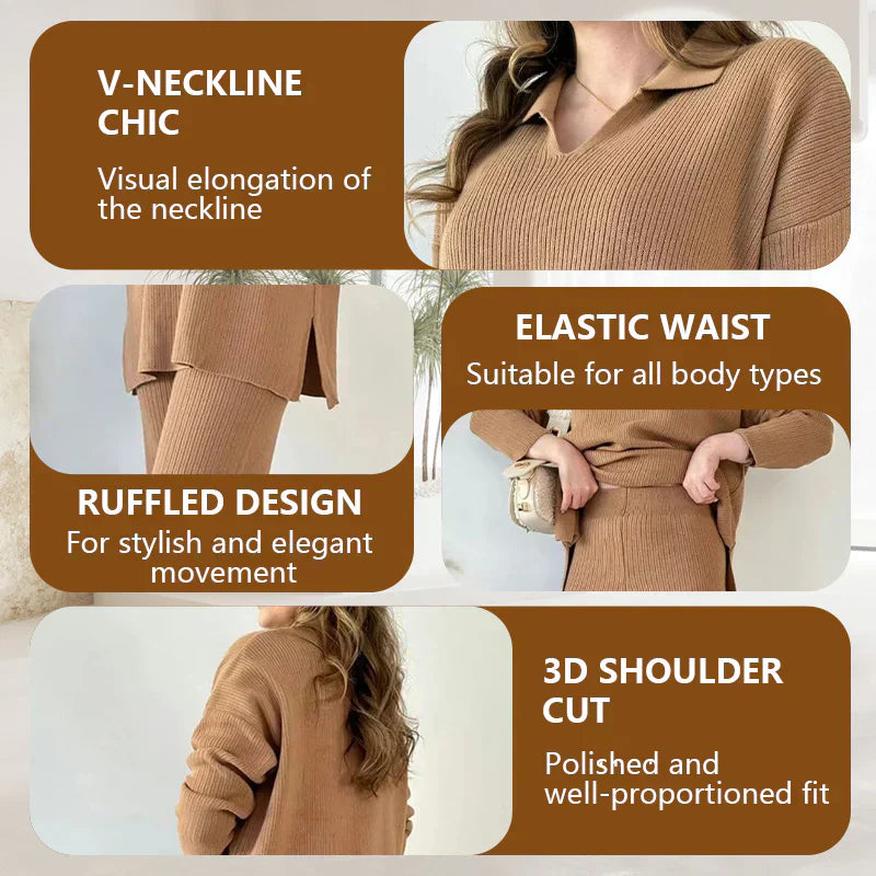 V-Neck Casual Slit Knitted Two-Piece Set