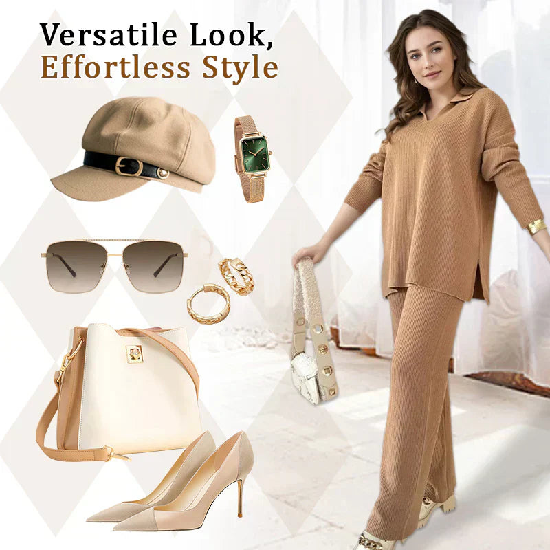 V-Neck Casual Slit Knitted Two-Piece Set