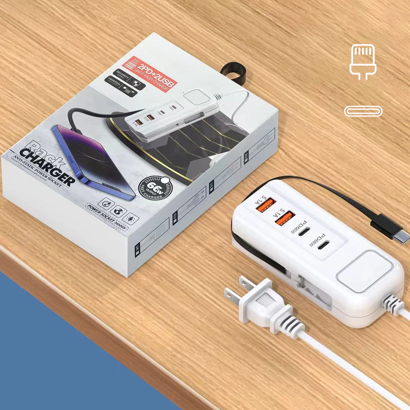⚡ Multi-Function Fast Charger 2PD + 2USB! 🔌📱 66W, Built-in Type-C Cable, Safely Charges 4 Devices Simultaneously
