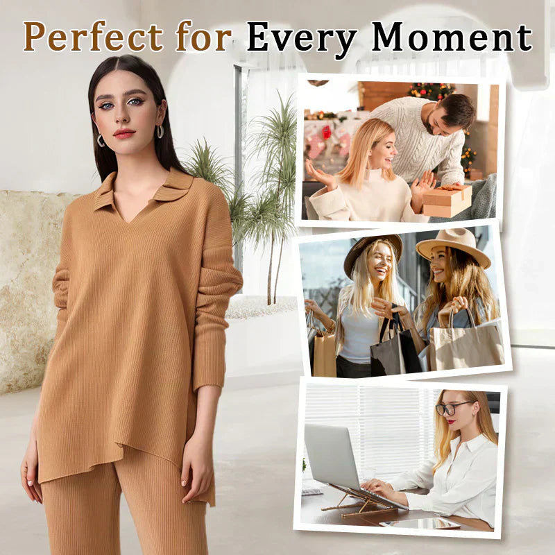 V-Neck Casual Slit Knitted Two-Piece Set