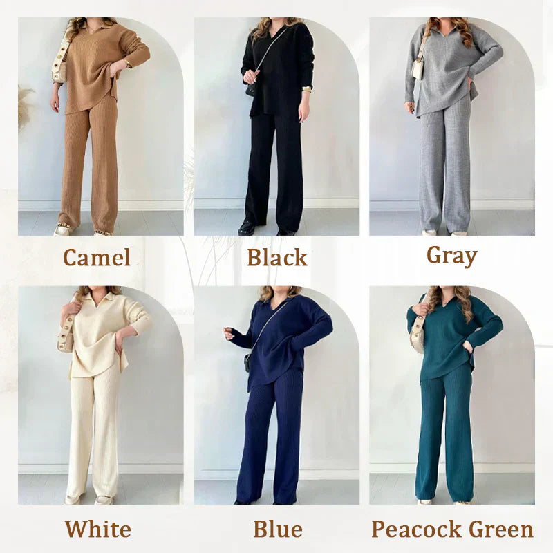 V-Neck Casual Slit Knitted Two-Piece Set