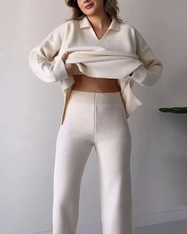 V-Neck Casual Slit Knitted Two-Piece Set