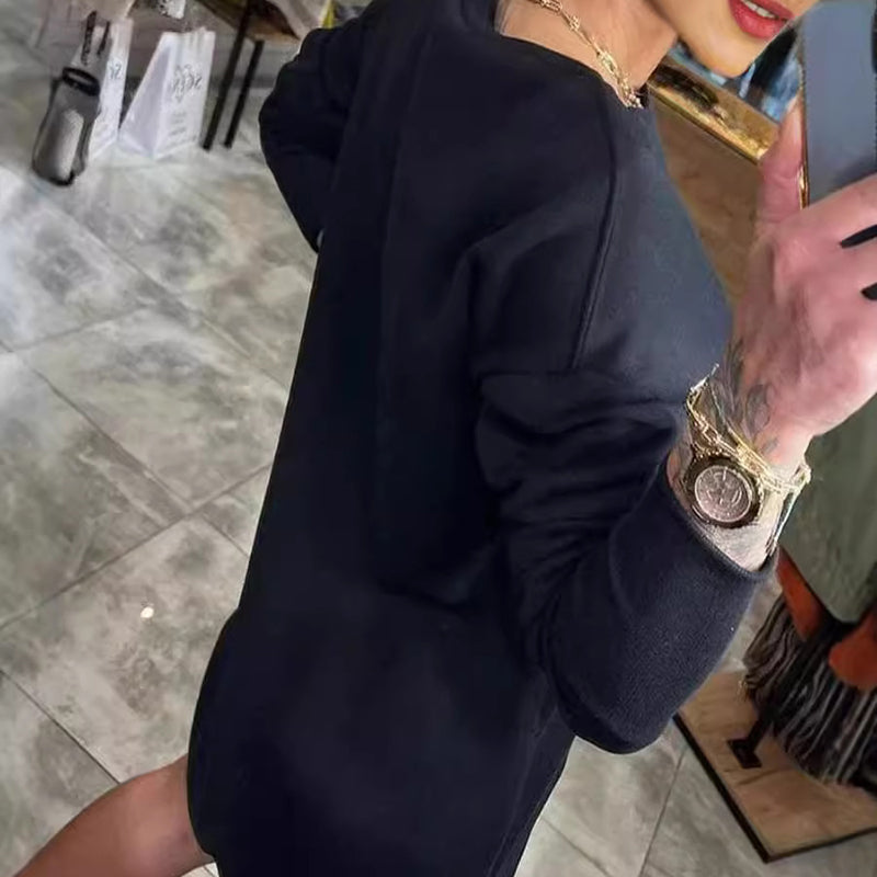 Stylish Round-Neck Side-Slit Long-Sleeve Loose Midi Dress ✨