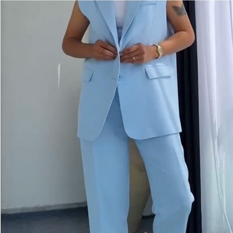 💖Women’s Stylish Sleeveless Blazer & High-Waisted Pants Set