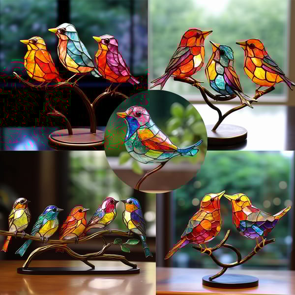 Stained Glass Birds on Branch Desktop Ornaments