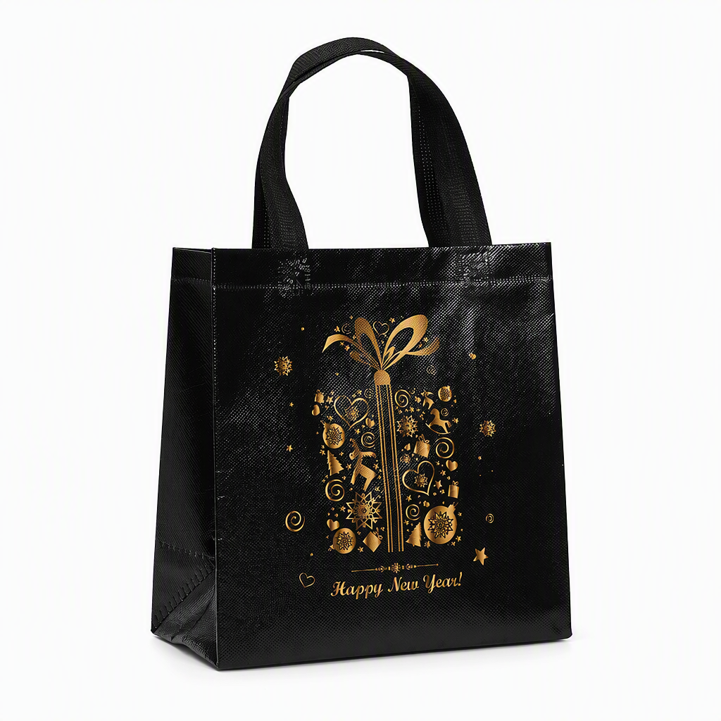 ๐ Black Christmas Non Woven Gift Tote Bag โ Gold Foil, Reusable, Sturdy Handles ๐