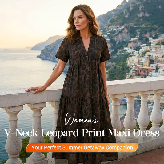 Women's V-Neck Leopard Print Maxi Dress