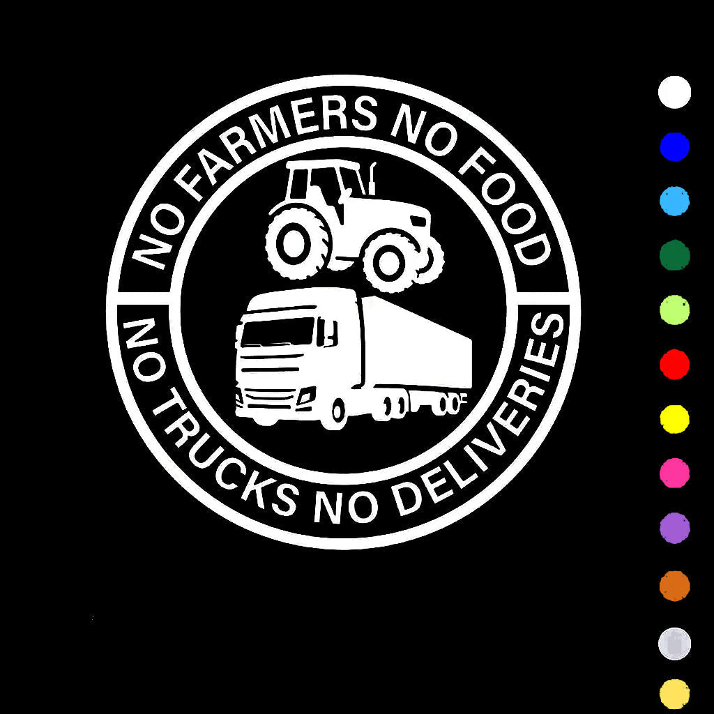 Car Vinyl Sticker: No Farmers No Food - No Trucks No Deliveries