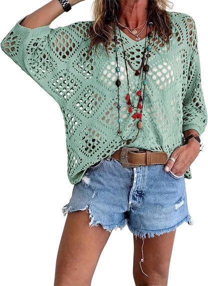 ✨Womens Bohemian-Inspired Beige Crochet Top with V-Neck