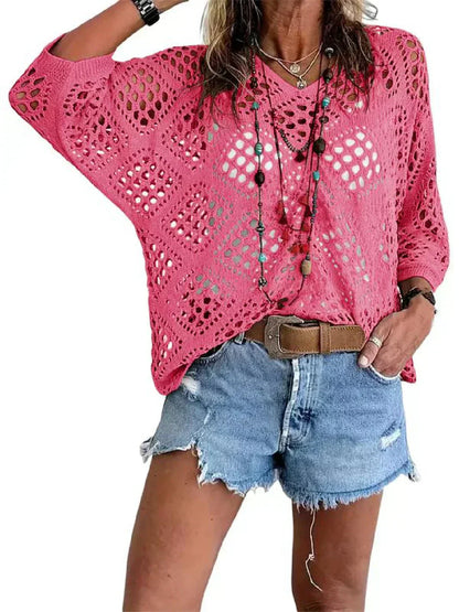 ✨Womens Bohemian-Inspired Beige Crochet Top with V-Neck