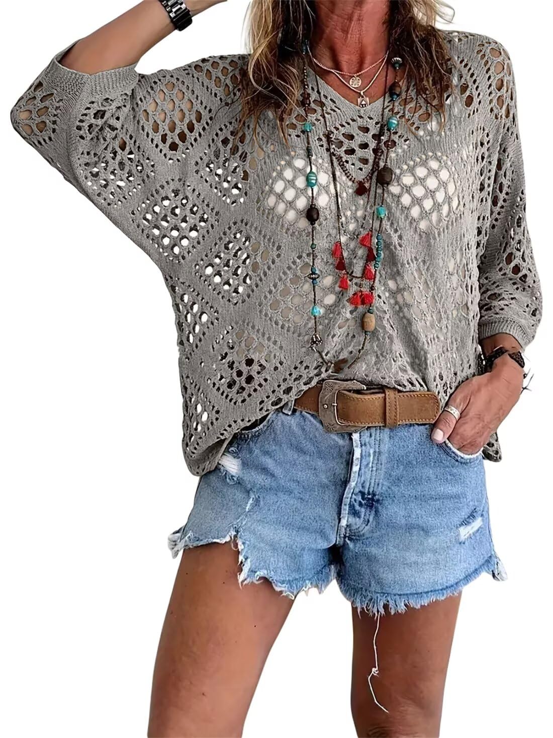 ✨Womens Bohemian-Inspired Beige Crochet Top with V-Neck