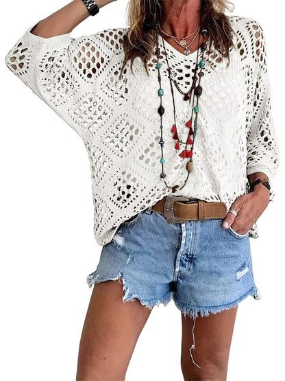 ✨Womens Bohemian-Inspired Beige Crochet Top with V-Neck