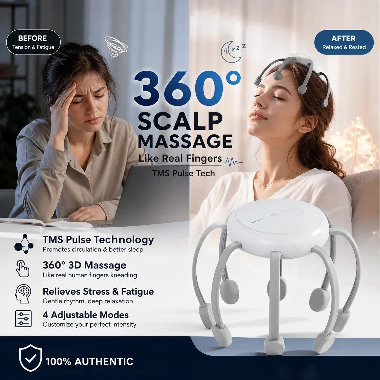 ✨ 8-Point Cordless Scalp Massager | 4 Modes & USB-C Rechargeable