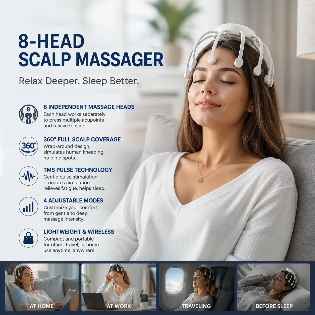 ✨ 8-Point Cordless Scalp Massager | 4 Modes & USB-C Rechargeable