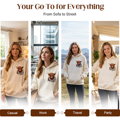 Cute Highland Cow Cozy Fleece-Lined Hooded Sweatshirt