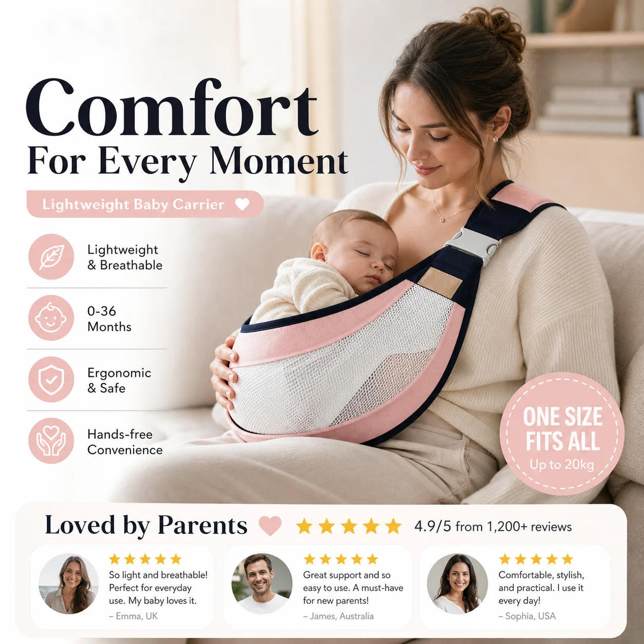 4-in-1 Breathable Baby Carrier – 0-36 Months, Front/Back/Facing In/Out – Hands-Free Comfort for Parent & Baby! ✨