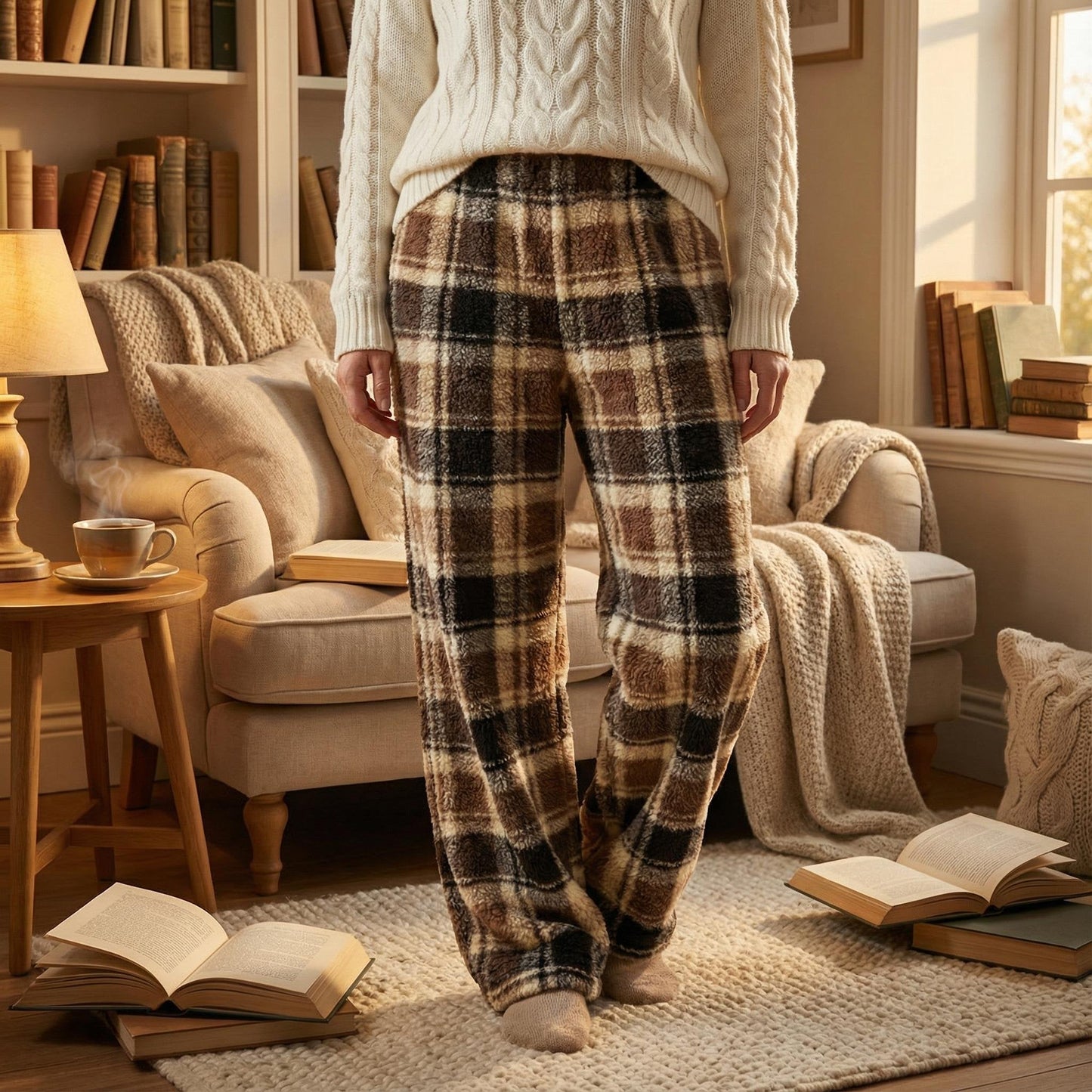 🔥Winter Vintage Plaid Elastic Straight Loose Thick Warm Casual Pants