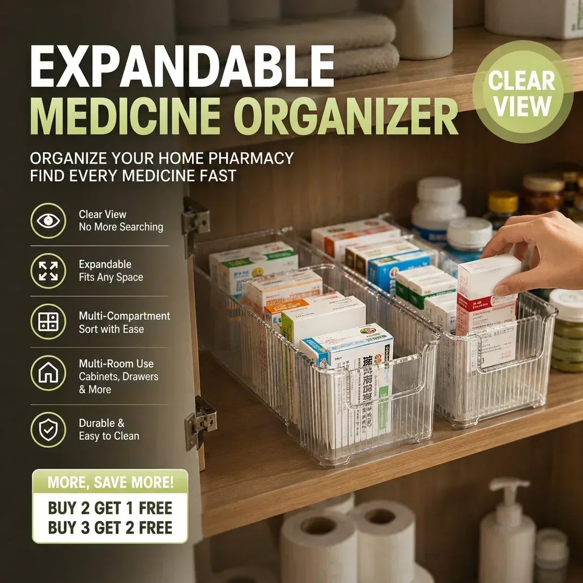 🔥 Transparent Expandable Medicine Organizer — expandable, perfect for a tidy medicine cabinet 💊🗄️