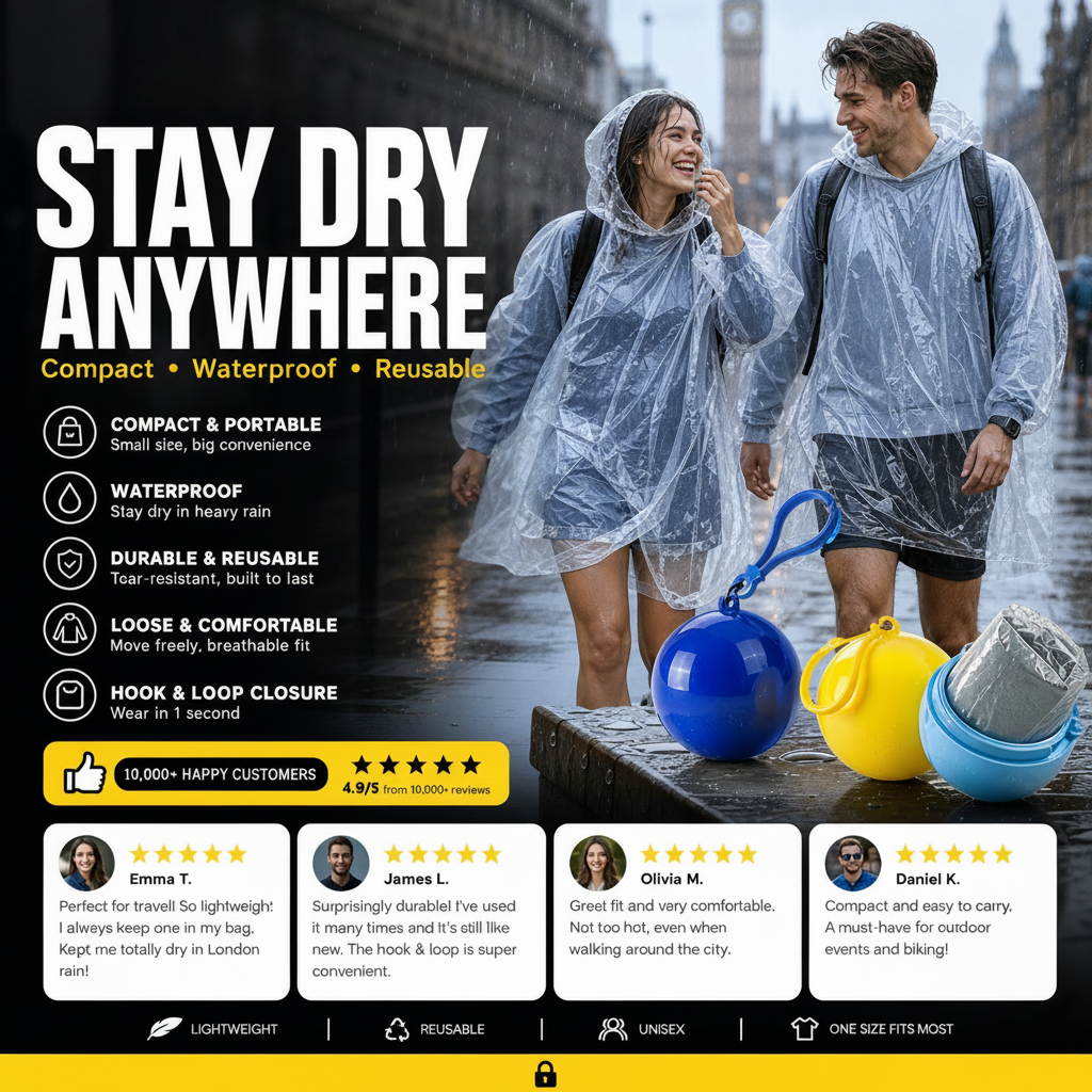 Mini Ball Shape Disposable Raincoat – Ultra‑compact ball packaging fits in any bag, purse or glove box. Waterproof & easy to use – always ready for sudden showers! 🌧️✨
