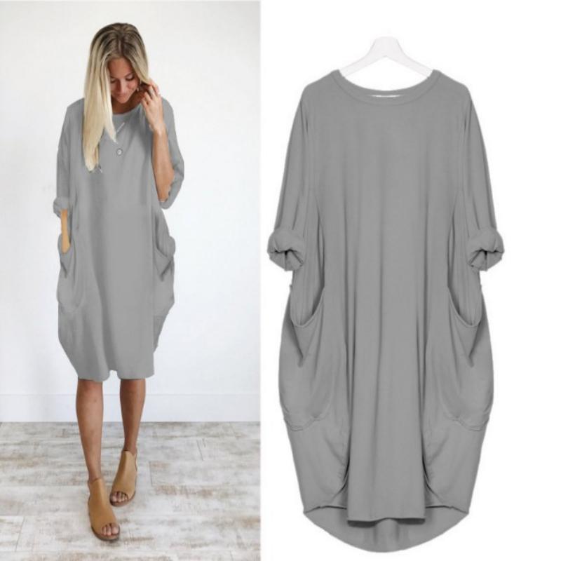 🎉Hot sale💝 Women Casual Loose Pocket Long Sleeves Dress
