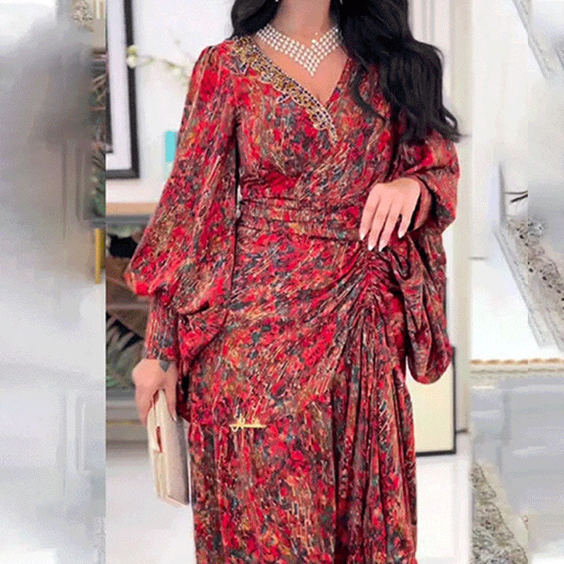 🔥🌷V-neck Dress With Biscuit Sleeves And Print💃