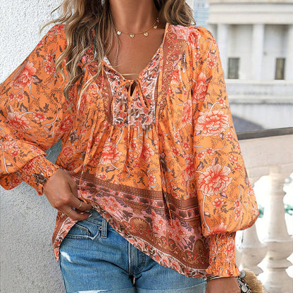 💖Women's Fashion Printed v-Neck Long Sleeve Shirt