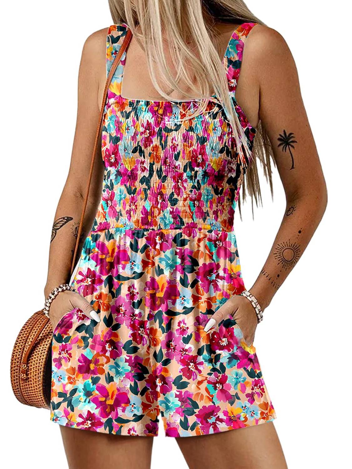 💃 Floral Print Sleeveless Shorts Jumpsuit with Pockets