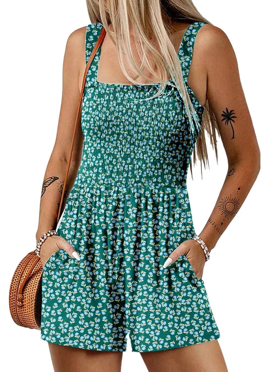 💃 Floral Print Sleeveless Shorts Jumpsuit with Pockets