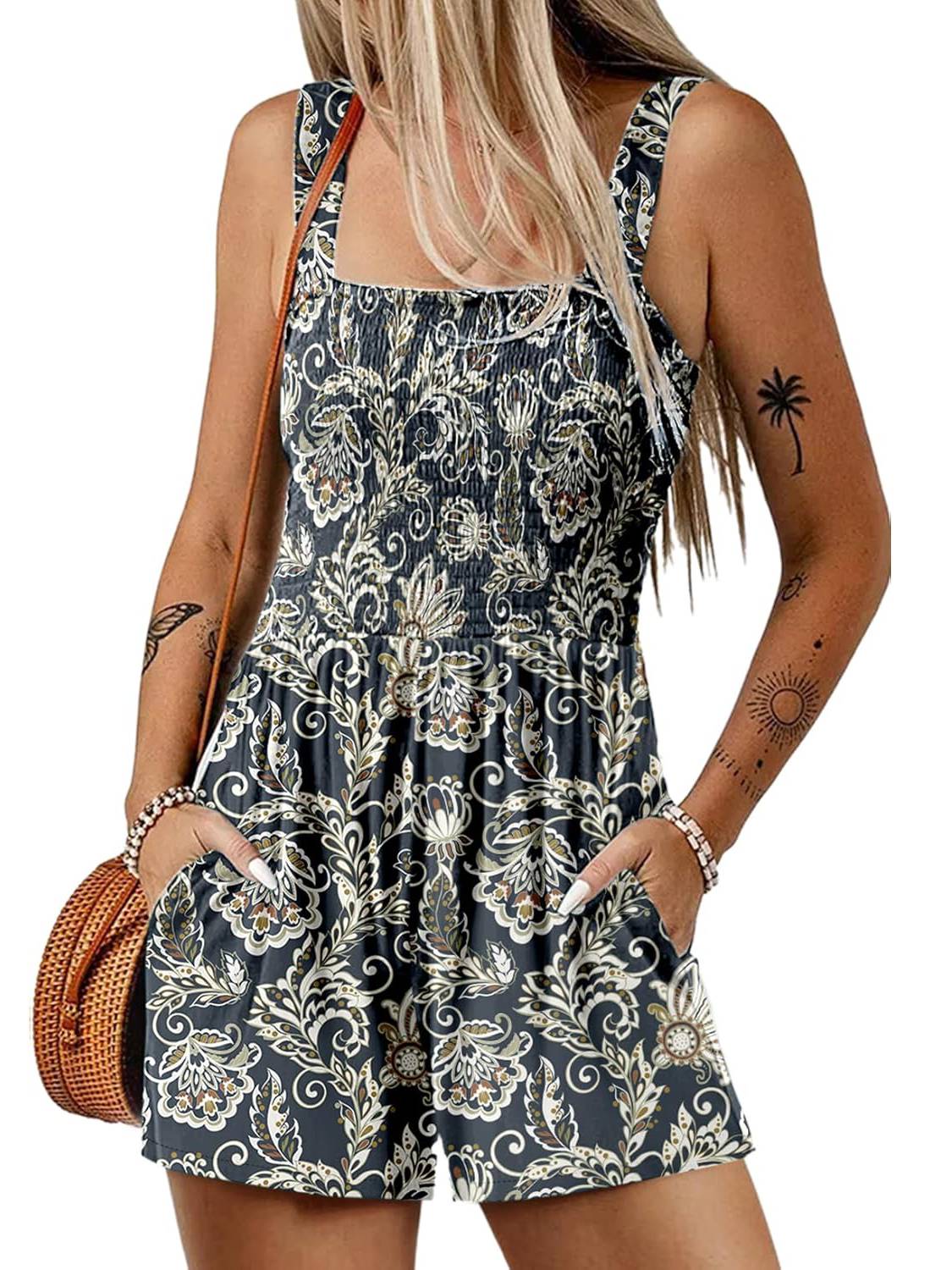 💃 Floral Print Sleeveless Shorts Jumpsuit with Pockets