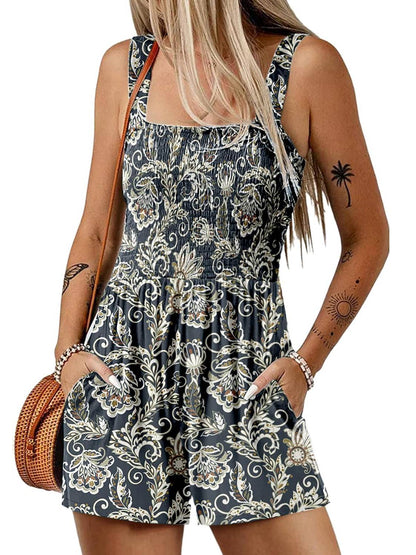 💃 Floral Print Sleeveless Shorts Jumpsuit with Pockets