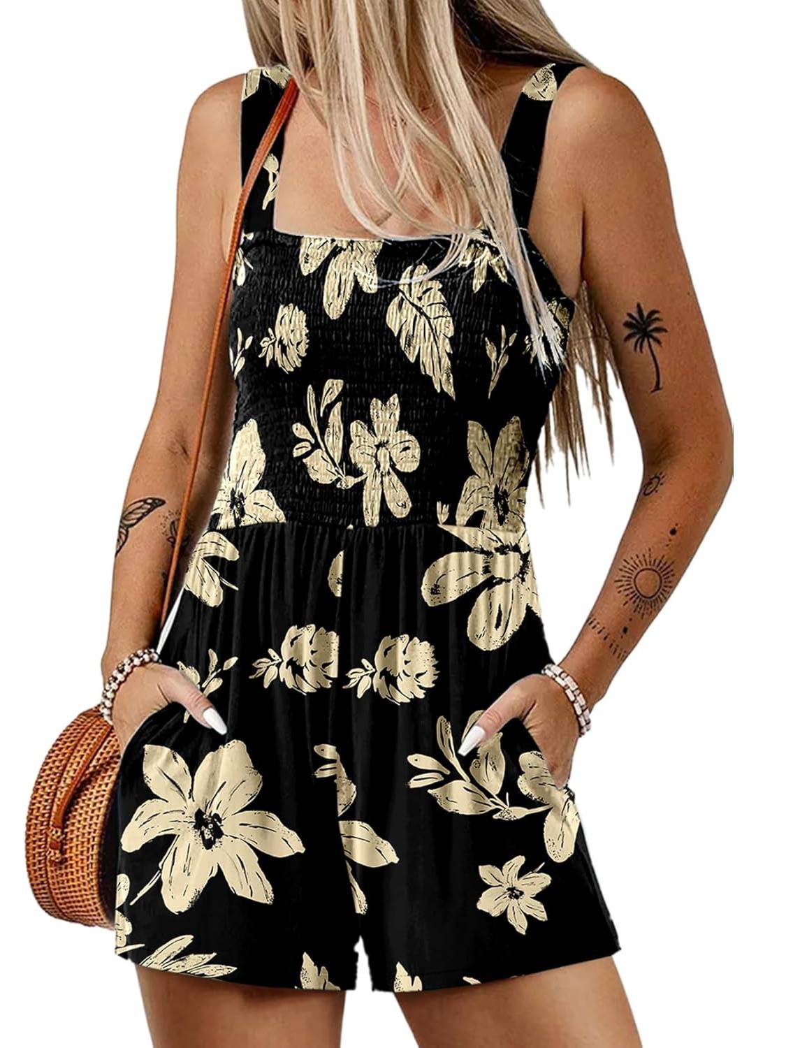 💃 Floral Print Sleeveless Shorts Jumpsuit with Pockets