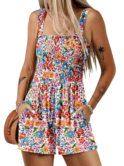 💃 Floral Print Sleeveless Shorts Jumpsuit with Pockets