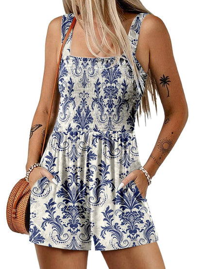 💃 Floral Print Sleeveless Shorts Jumpsuit with Pockets