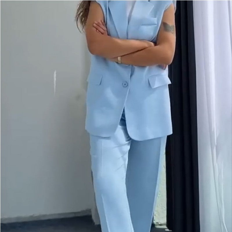 💖Women’s Stylish Sleeveless Blazer & High-Waisted Pants Set