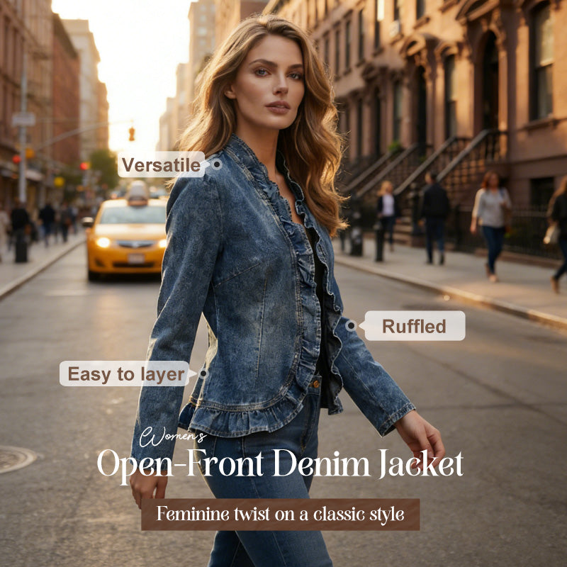 🧥 Women's Ruffle Trim Open-Front Denim Jacket – Lightweight, feminine & versatile – chic for any outfit 👗