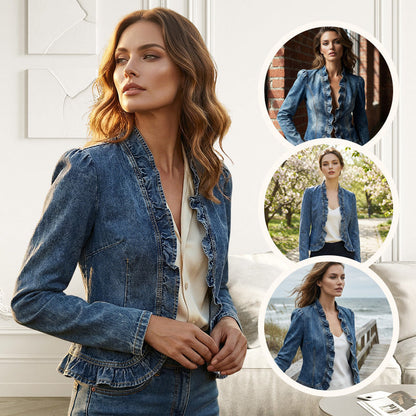 🧥 Women's Ruffle Trim Open-Front Denim Jacket – Lightweight, feminine & versatile – chic for any outfit 👗