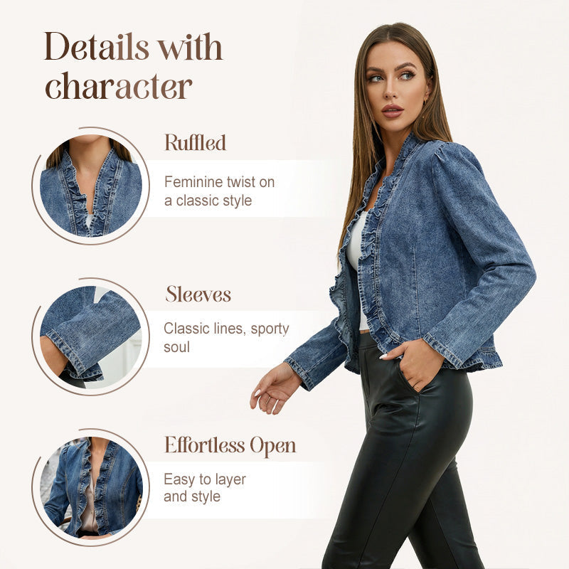 🧥 Women's Ruffle Trim Open-Front Denim Jacket – Lightweight, feminine & versatile – chic for any outfit 👗