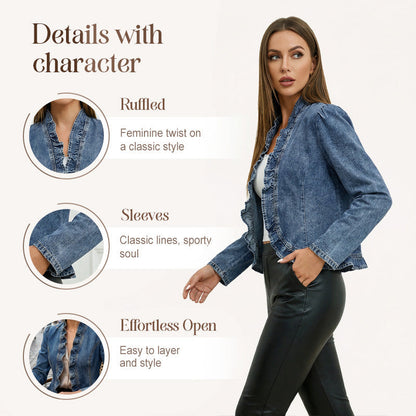 🧥 Women's Ruffle Trim Open-Front Denim Jacket – Lightweight, feminine & versatile – chic for any outfit 👗