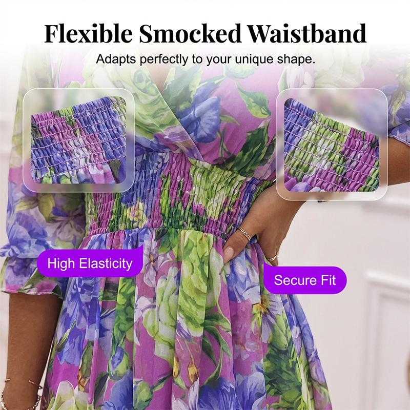 Floral V-Neck A-Line Dress – Smocked Waist, Ruffled Hem, Summer Ready 🌸