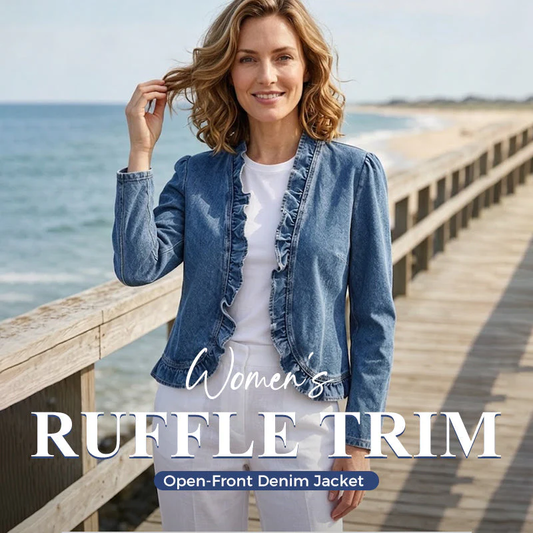🧥 Women's Ruffle Trim Open-Front Denim Jacket – Lightweight, feminine & versatile – chic for any outfit 👗