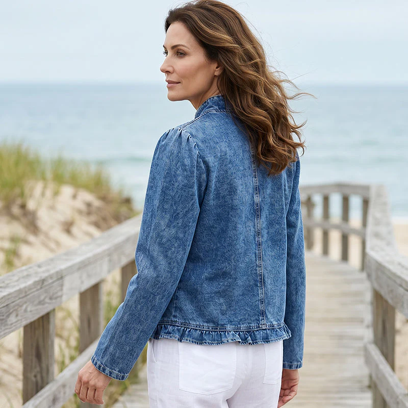 🧥 Women's Ruffle Trim Open-Front Denim Jacket – Lightweight, feminine & versatile – chic for any outfit 👗