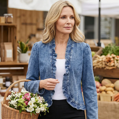 🧥 Women's Ruffle Trim Open-Front Denim Jacket – Lightweight, feminine & versatile – chic for any outfit 👗