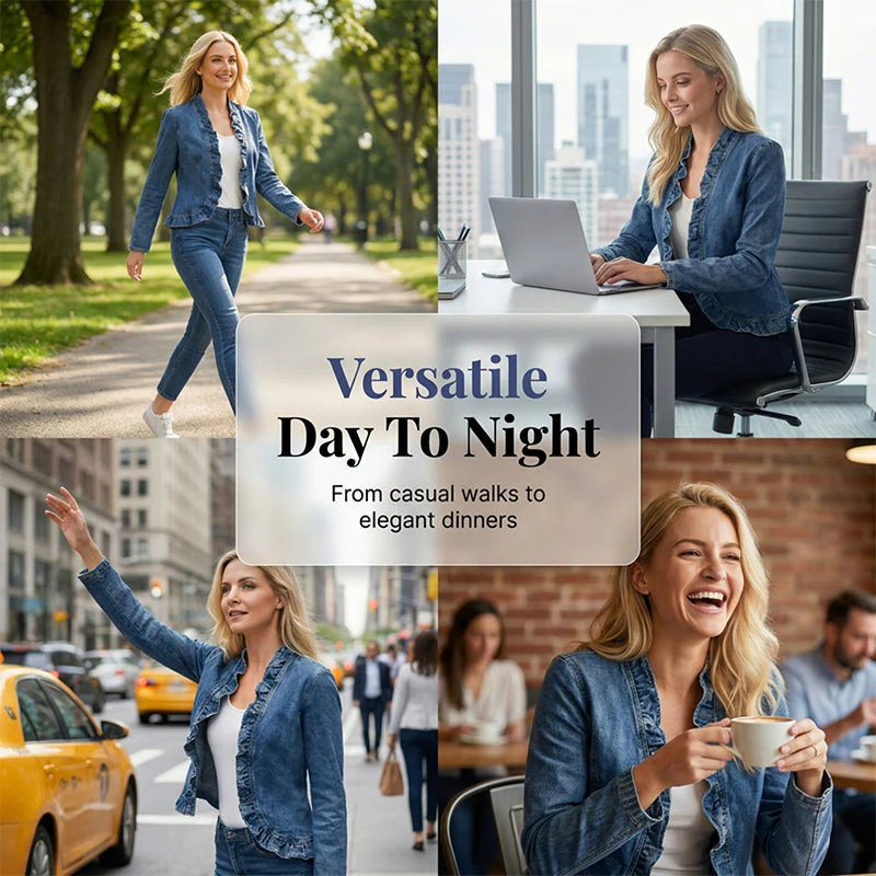🧥 Women's Ruffle Trim Open-Front Denim Jacket – Lightweight, feminine & versatile – chic for any outfit 👗