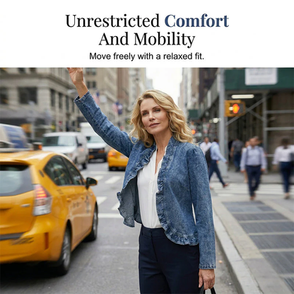🧥 Women's Ruffle Trim Open-Front Denim Jacket – Lightweight, feminine & versatile – chic for any outfit 👗