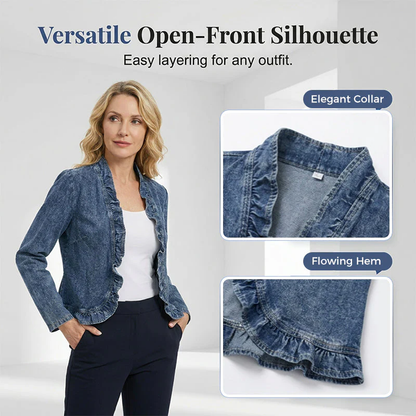 🧥 Women's Ruffle Trim Open-Front Denim Jacket – Lightweight, feminine & versatile – chic for any outfit 👗