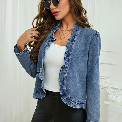 🧥 Women's Ruffle Trim Open-Front Denim Jacket – Lightweight, feminine & versatile – chic for any outfit 👗