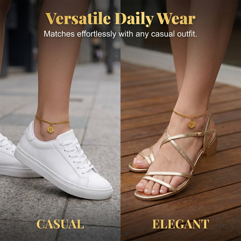 Gold Initial Anklet with Figaro Chain – Personalized letter, tarnish-resistant & adjustable length 👣