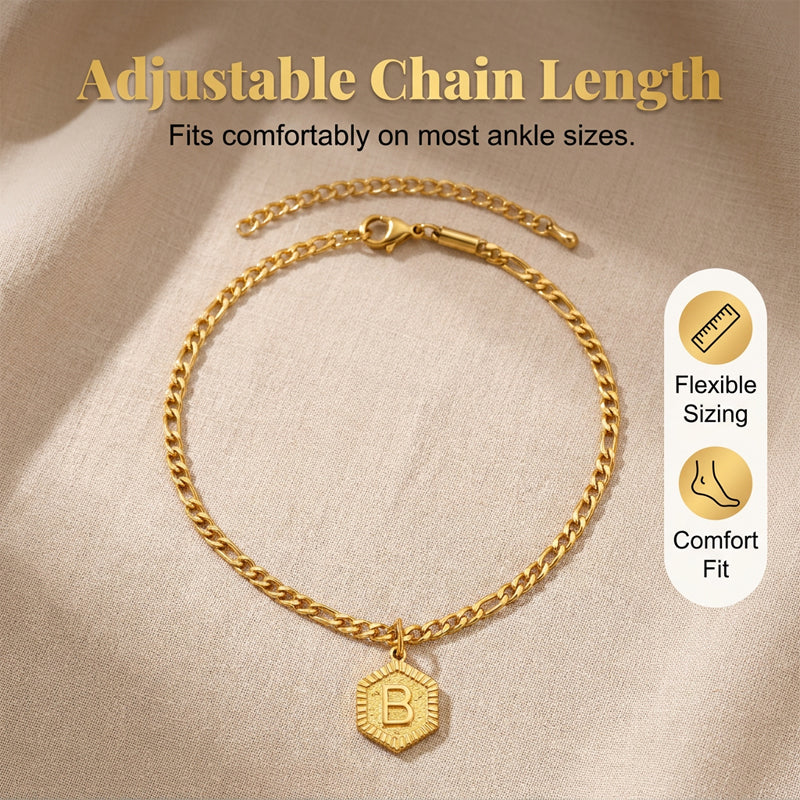 Gold Initial Anklet with Figaro Chain – Personalized letter, tarnish-resistant & adjustable length 👣