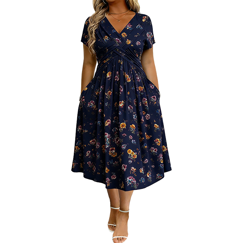 ✨ Women's Floral Twist Waist V-Neck Dress | Everyday Elegance