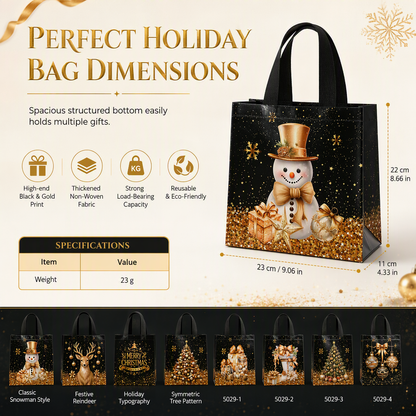 🎄 Black Christmas Non Woven Gift Tote Bag – Gold Foil, Reusable, Sturdy Handles 🎁
